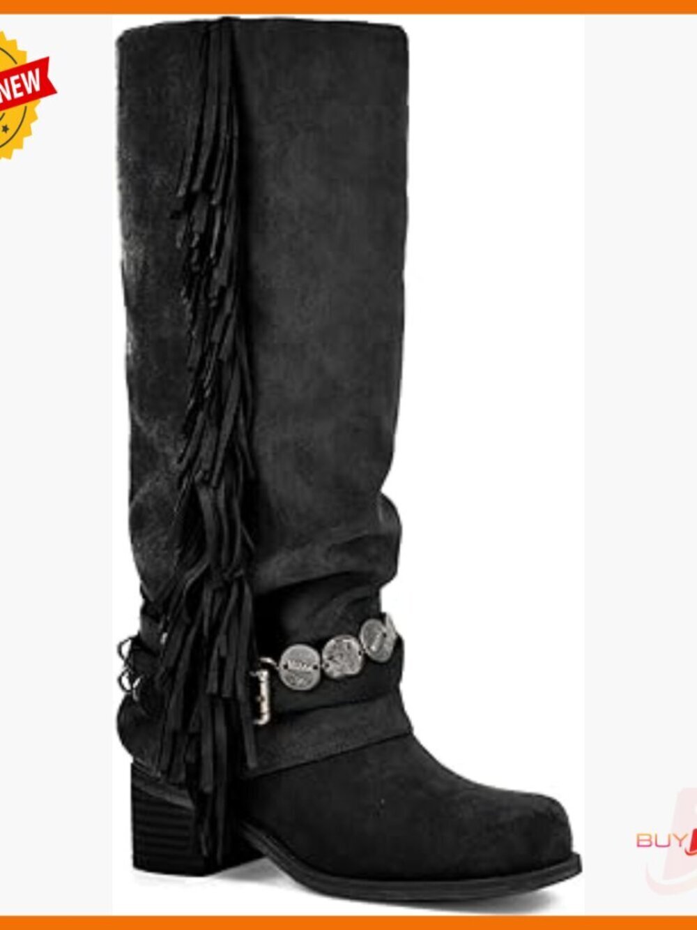 Knee High Riding Boots with Fringe Buckle Straps Chunky Heel Square Toe